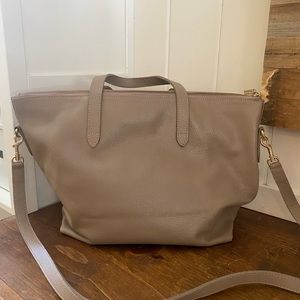Cuyana medium tote satchel taupe grey leather crossbody